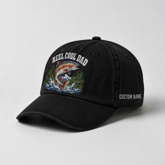 Reel Cool Dad Custom Name Embroidered  Hat, Vintage Washed Fishing Dad Cap, Angler Father's Day Gift