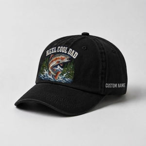 Reel Cool Dad Custom Name Embroidered  Hat, Vintage Washed Fishing Dad Cap, Angler Father's Day Gift - 2