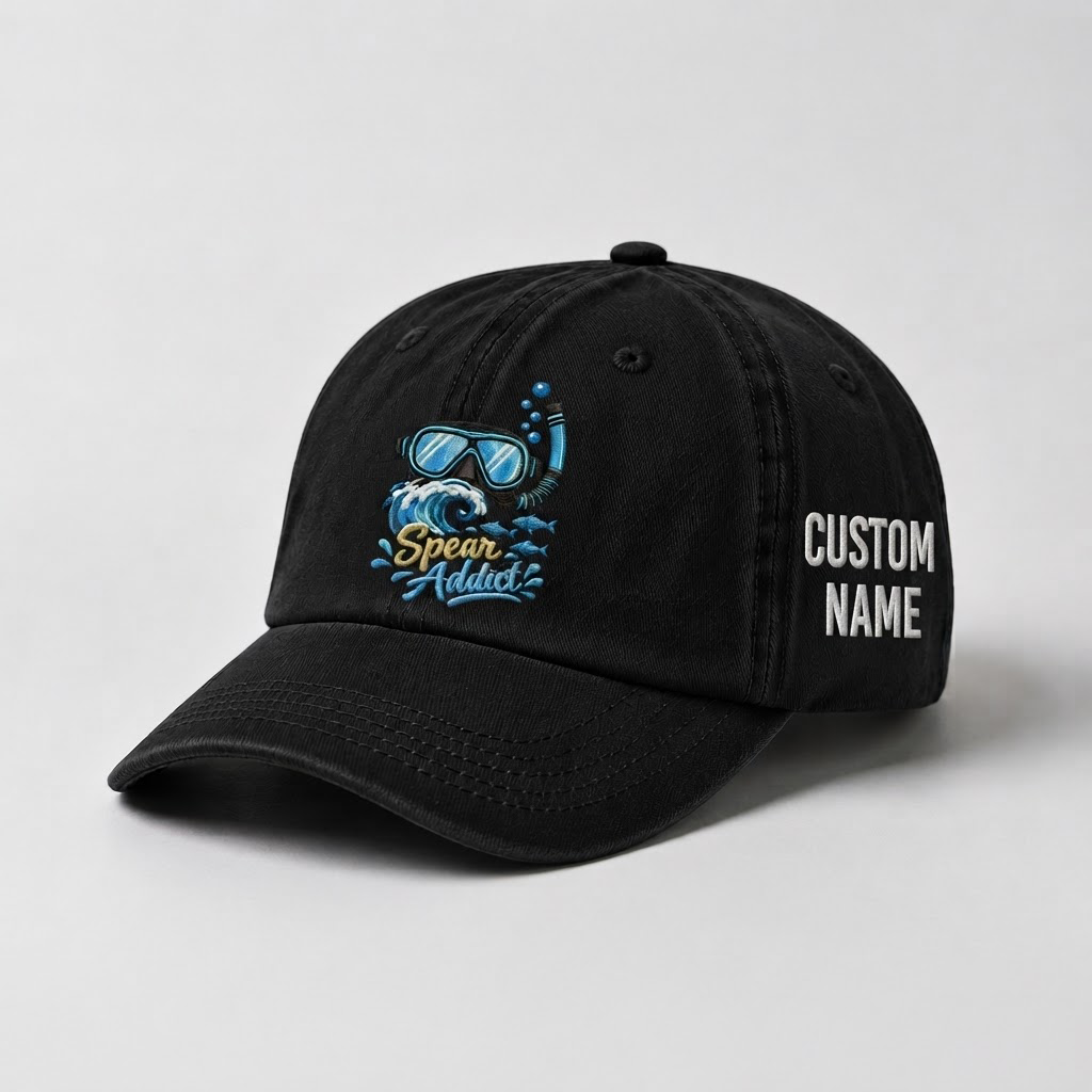 Spear Addict Hat for Women, Personalized Scuba Diving Hat, Custom Name Embroidered Cap, Spearfishing Gift, Ocean Lover Baseball Hat