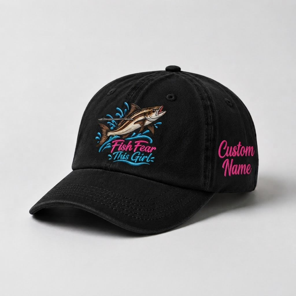 Spearfishing Hats For Women, Fish Fear This Girl Custom Embroidered Baseball Cap, Personalized Vintage Washed Hat, Scuba Diving Gift