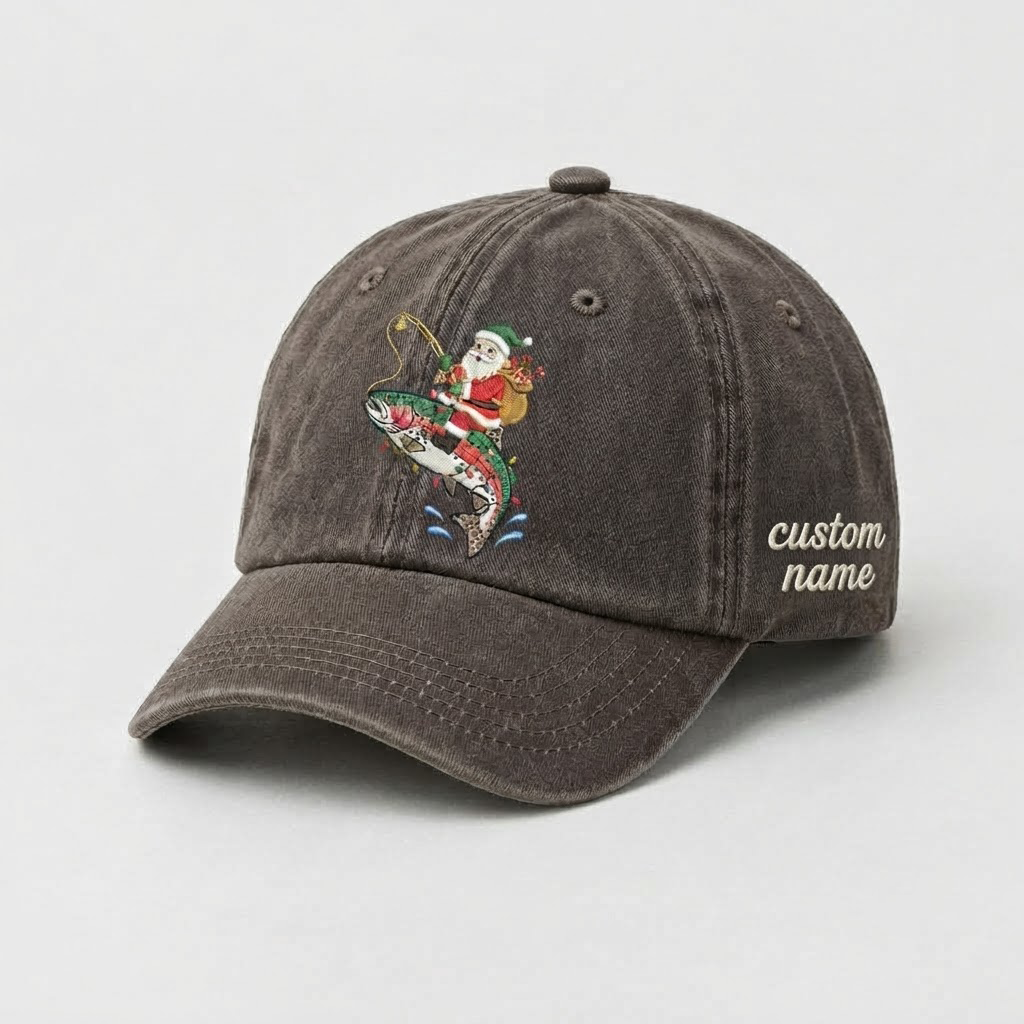 Santa Fishing Trout Embroidered Hat, Custom Name Christmas Baseball Cap, Vintage Fisherman Dad Hat, Outdoor Holiday Gift, Cute Winter Hat