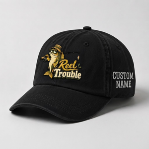 Personalized Walleye Hat, Custom Name Reel Trouble Fishing Cap, Vintage Fisherman Gift, Embroidered Outdoor Dad Hat - 2