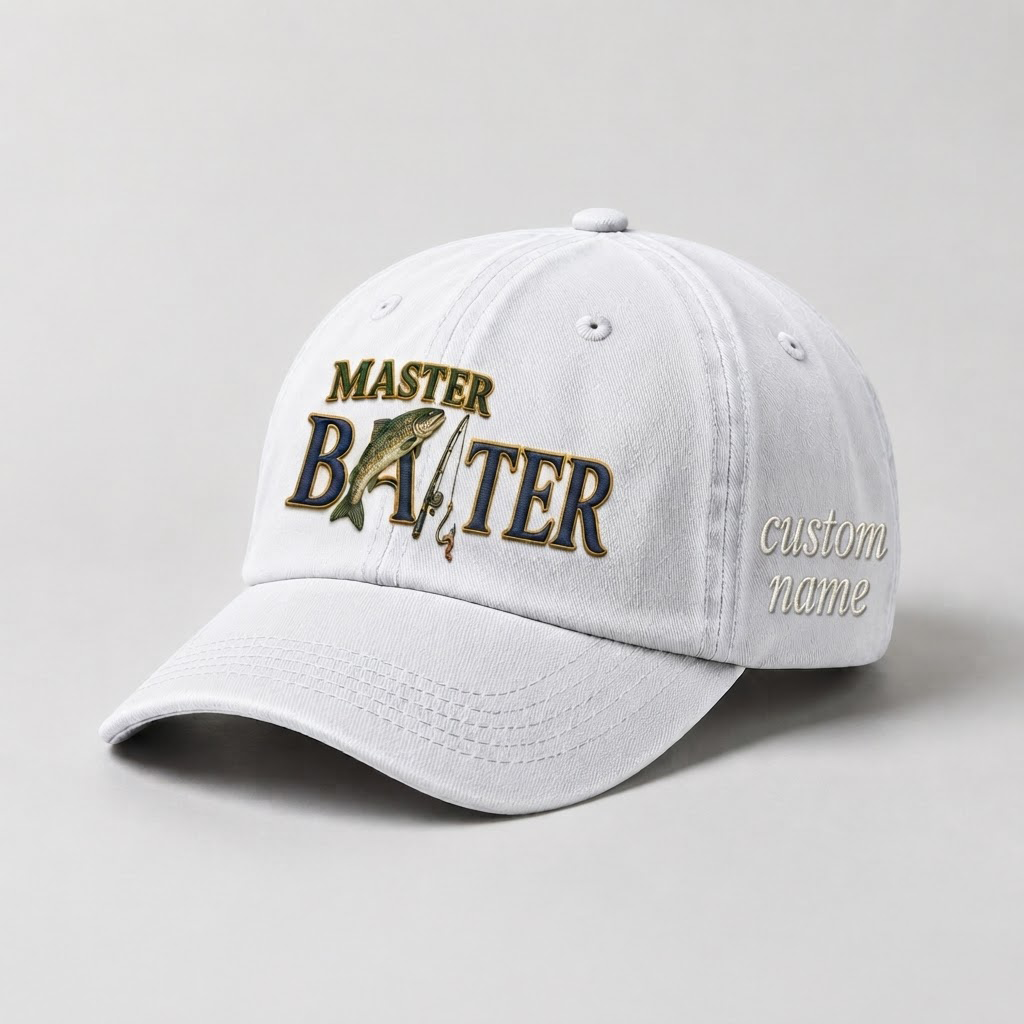 Master Baiter Trout Fishing Embroidered Hat, Personalized Dad Cap, Custom Trout Fisherman Gift, Vintage Washed Baseball Hat