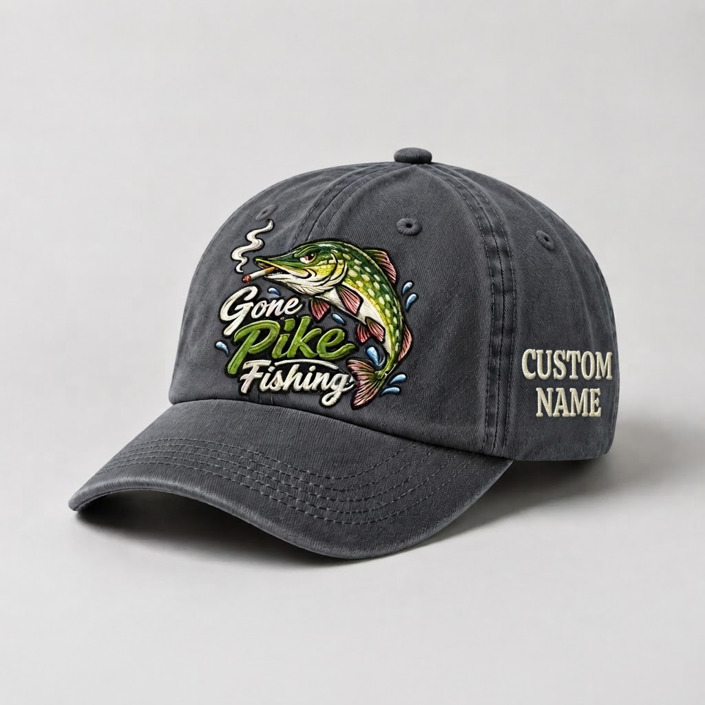 Pike Hat, Custom Gone Pike Fishing Embroidered Cap, Personalized Fisherman Gift, Vintage Washed Cotton Dad Hat, Fishing Merch
