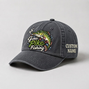 Pike Hat, Custom Gone Pike Fishing Embroidered Cap, Personalized Fisherman Gift, Vintage Washed Cotton Dad Hat, Fishing Merch - 1