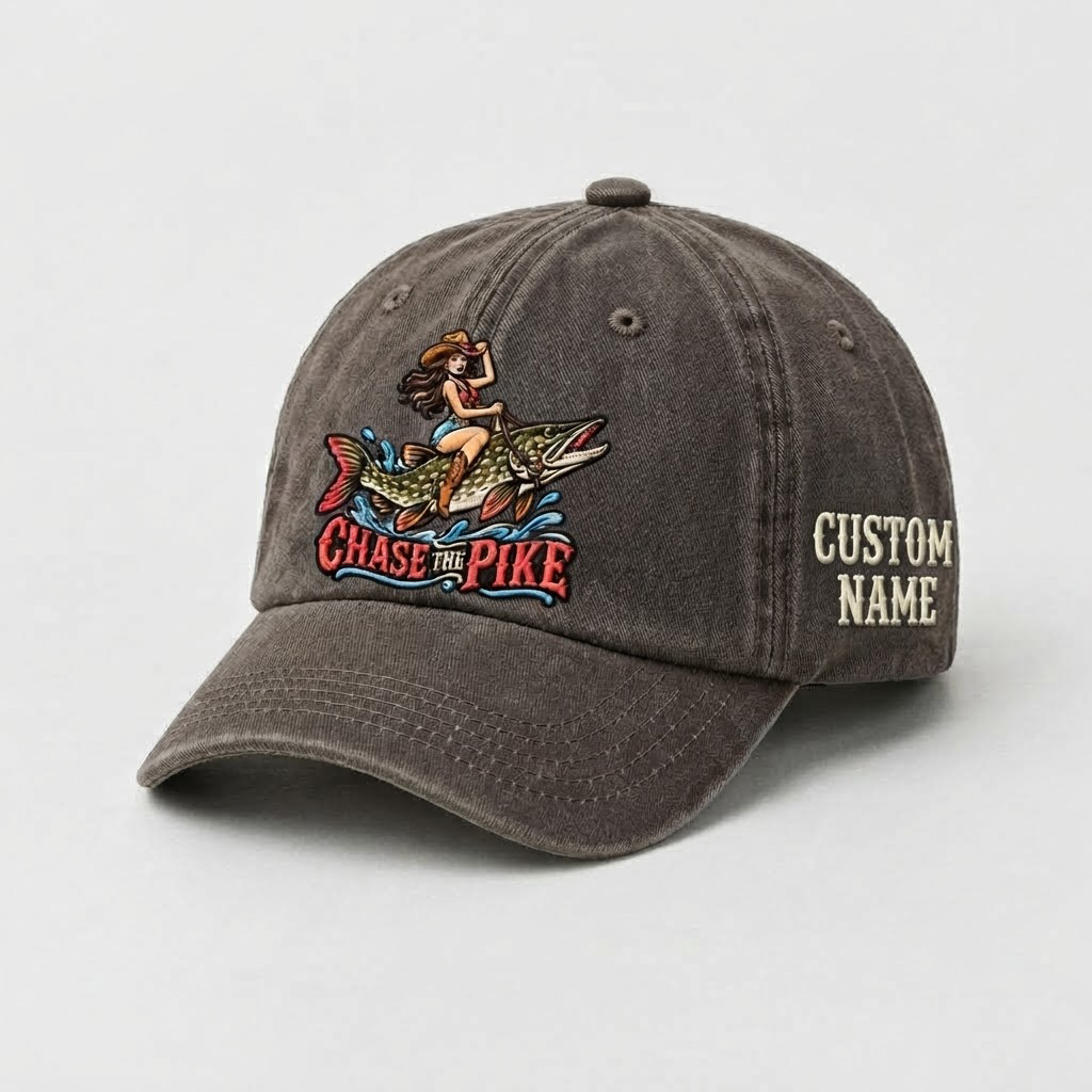 Pike Hat, Custom Chase The Pike Embroidered Cap, Personalized Fisherman Gift, Vintage Washed Cotton Dad Hat, Fishing Merch