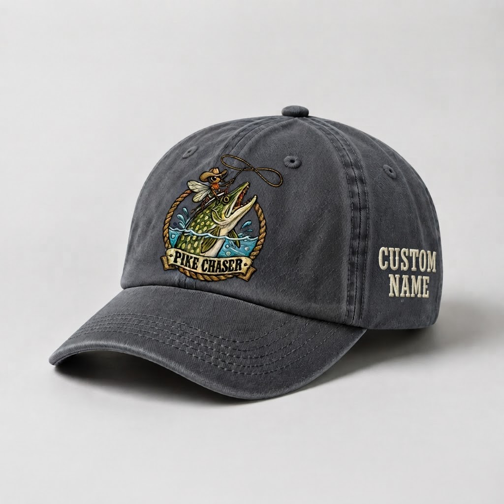 Pike Hat, Custom Pike Chaser Embroidered Cap, Personalized Fisherman Gift, Vintage Washed Cotton Dad Hat, Fishing Merch