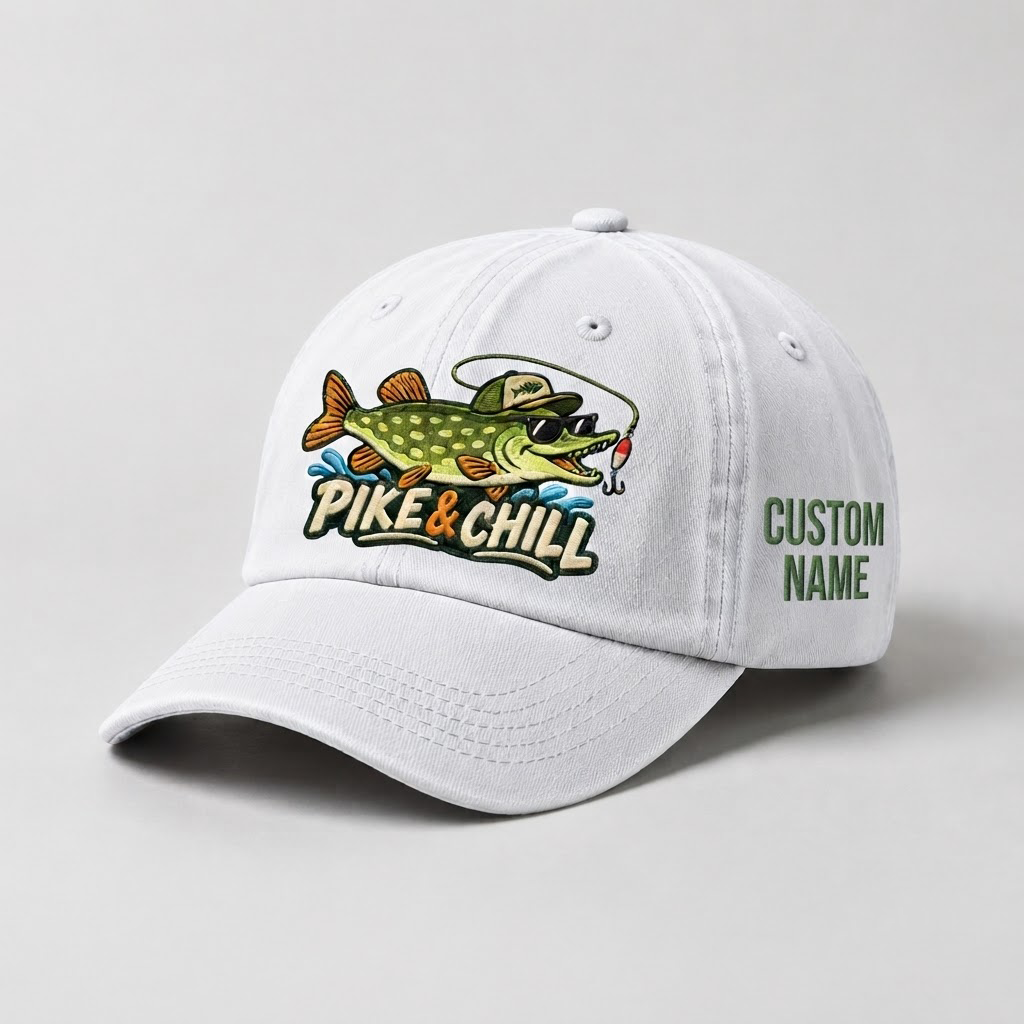 Pike Hat, Custom Pike And Chill Embroidered Baseball Cap, Personalized Fishing Lover Gift, Vintage Washed Cotton Dad Hat, Fisherman Merch