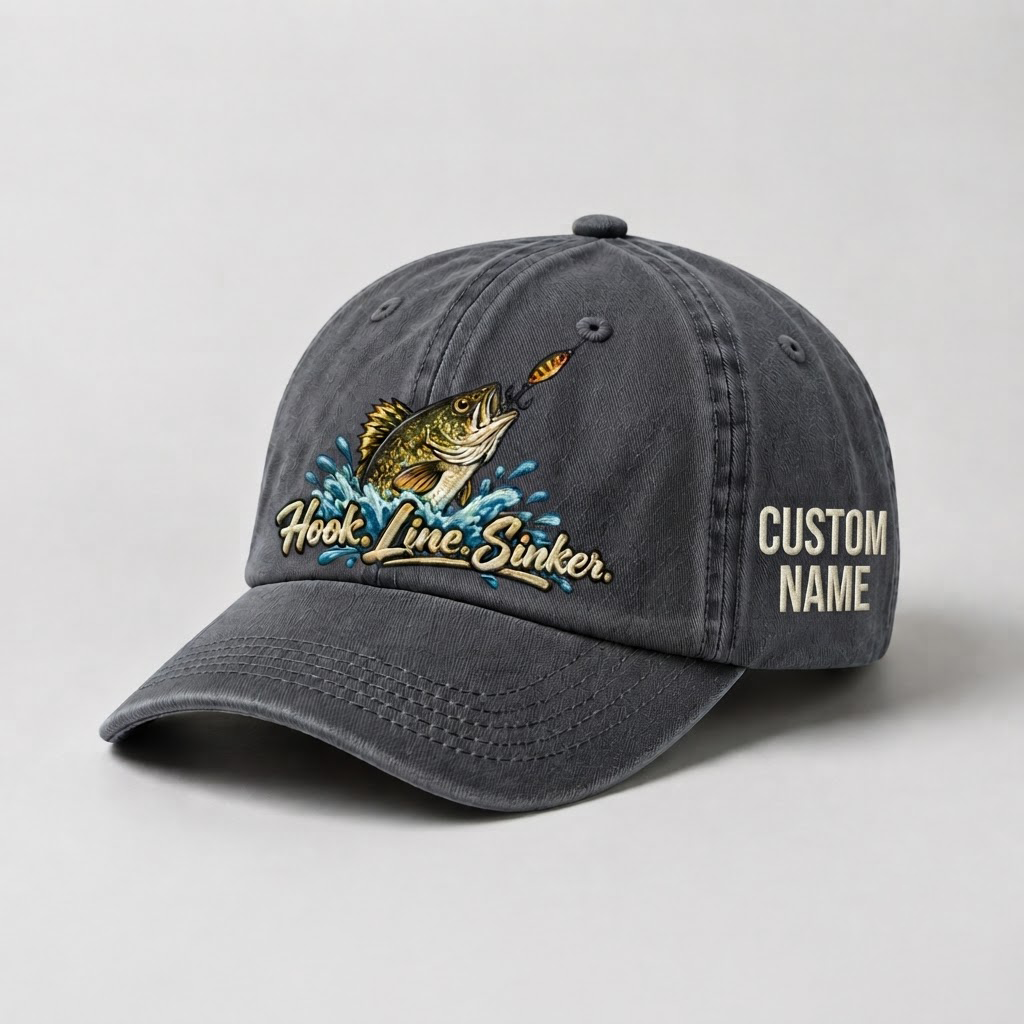 Personalized Walleye Hat, Custom Name Hook Line Sinker Fishing Cap, Vintage Fisherman Gift, Embroidered Outdoor Dad Hat