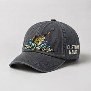 Personalized Walleye Hat, Custom Name Hook Line Sinker Fishing Cap, Vintage Fisherman Gift, Embroidered Outdoor Dad Hat - 1