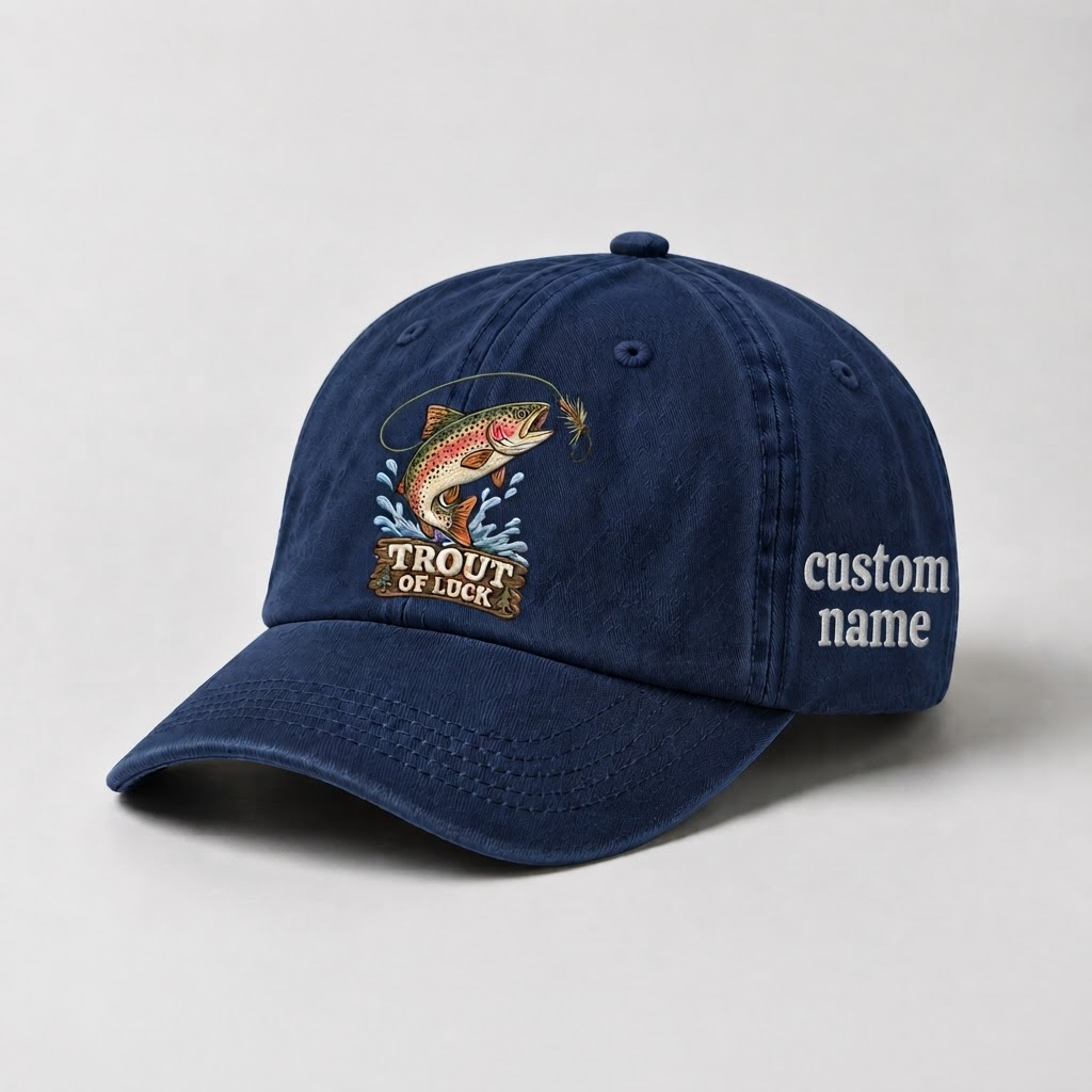 Trout of Luck Embroidered Hat, Custom Name Fishing Baseball Cap, Vintage Fisherman Dad Hat, Outdoor Nature Gift, Cute Angler Cap