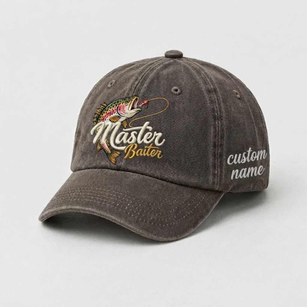 Master Baiter Fishing Hat, Personalized Trout Fish Dad Cap, Embroidered Outdoor Hat, Funny Fisherman Gift, Vintage Washed Baseball Cap