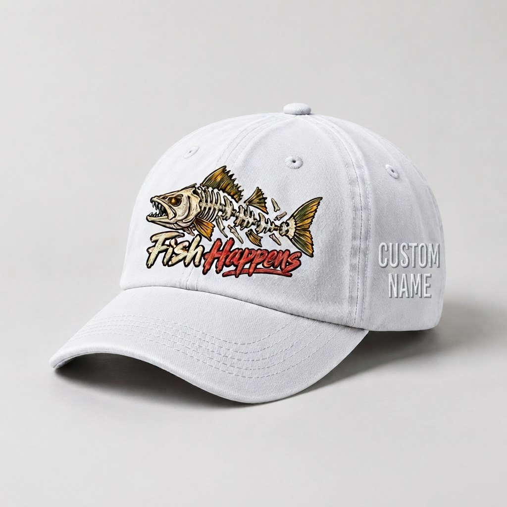Personalized Walleye Hat, Custom Name Fish Happens Fishing Cap, Vintage Fisherman Gift, Embroidered Outdoor Dad Hat