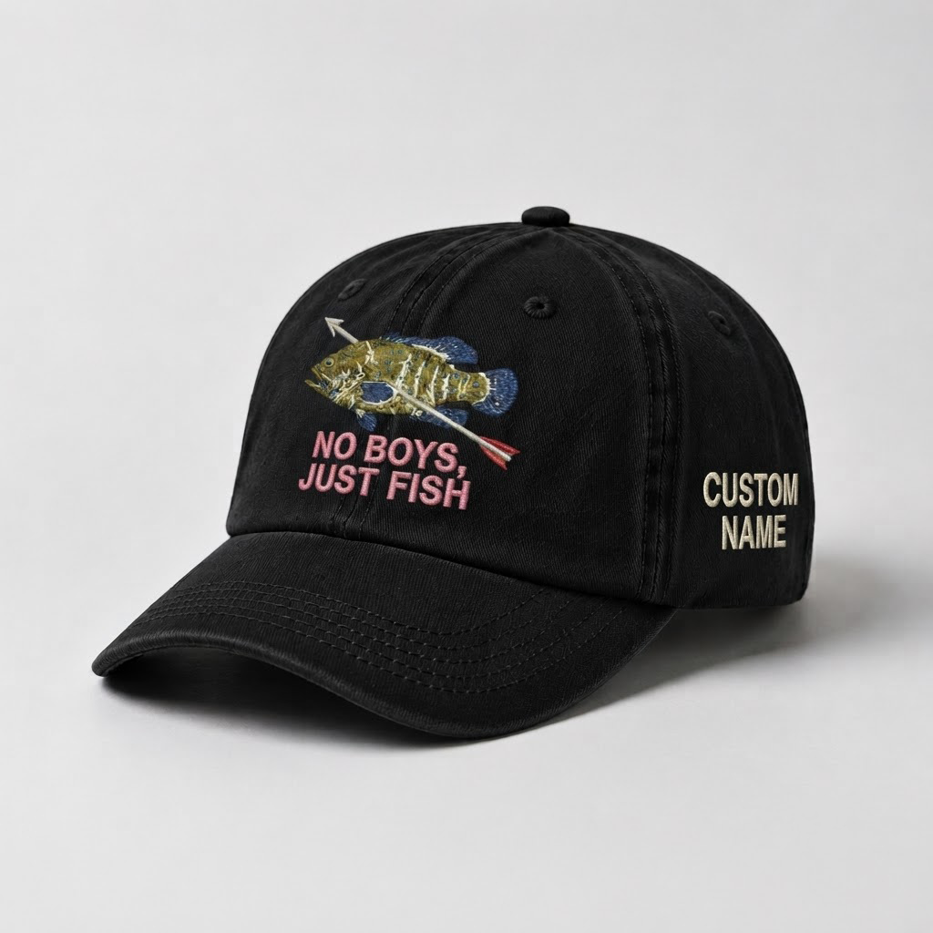 Spearfishing Hats For Women, No Boys, Just Fish Custom Embroidered Baseball Cap, Personalized Vintage Washed Hat, Scuba Diving Gift