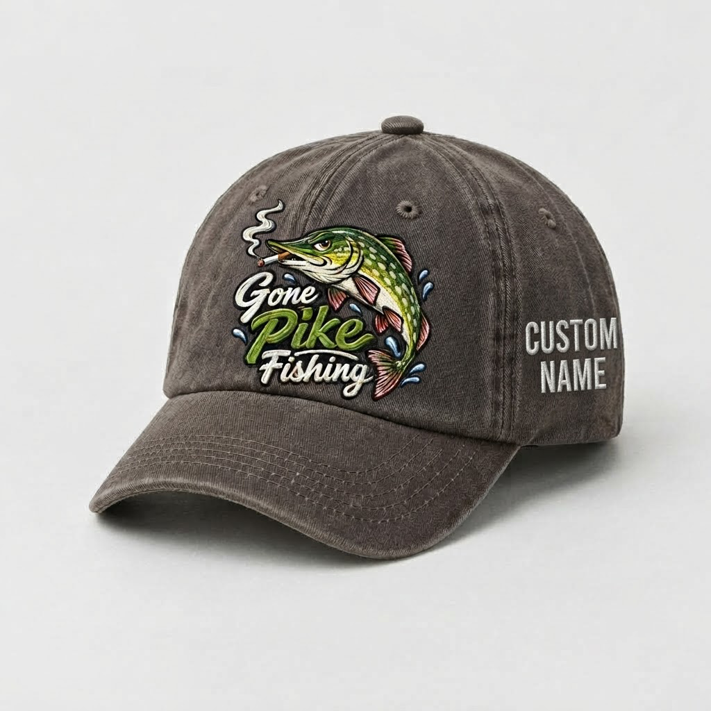 Pike Hat, Custom Gone Pike Fishing Embroidered Cap, Personalized Fisherman Gift, Vintage Washed Cotton Dad Hat, Fishing Merch