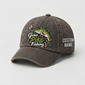 Pike Hat, Custom Gone Pike Fishing Embroidered Cap, Personalized Fisherman Gift, Vintage Washed Cotton Dad Hat, Fishing Merch - 5