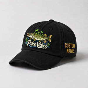 Pike Hat, Custom Pike Vibes Embroidered Cap, Personalized Fisherman Gift, Vintage Washed Cotton Dad Hat, Fishing Merch - 2
