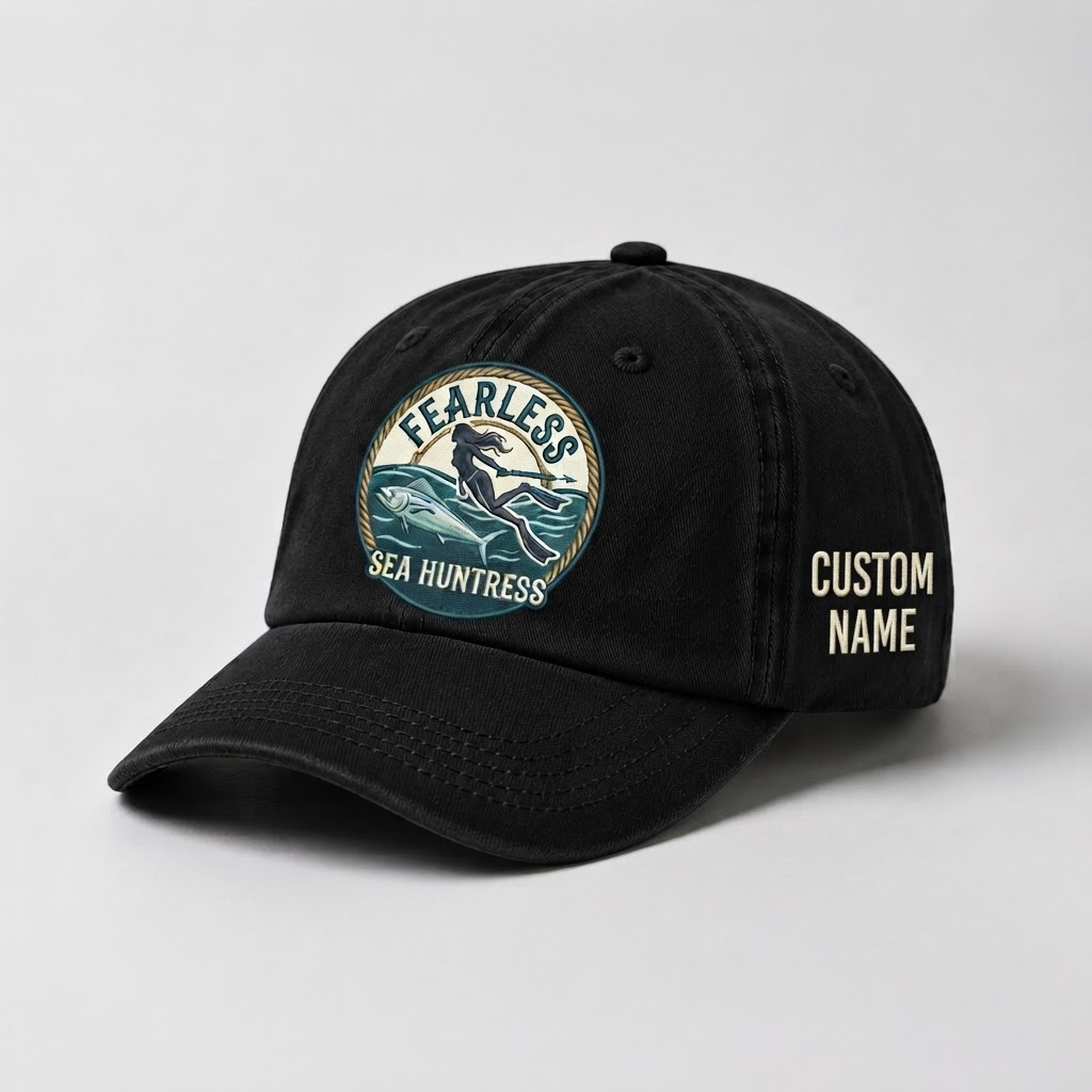 Spearfishing Hats For Women, Fearless Sea Huntress Custom Embroidered Baseball Cap, Personalized Vintage Washed Hat, Scuba Diving Gift