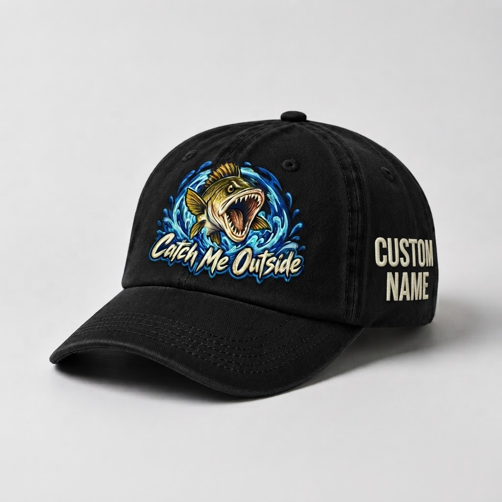 Custom Name Walleye Hat, Personalized Catch Me Outside Fishing Cap, Vintage Fisherman Gift, Embroidered Outdoor Dad Hat
