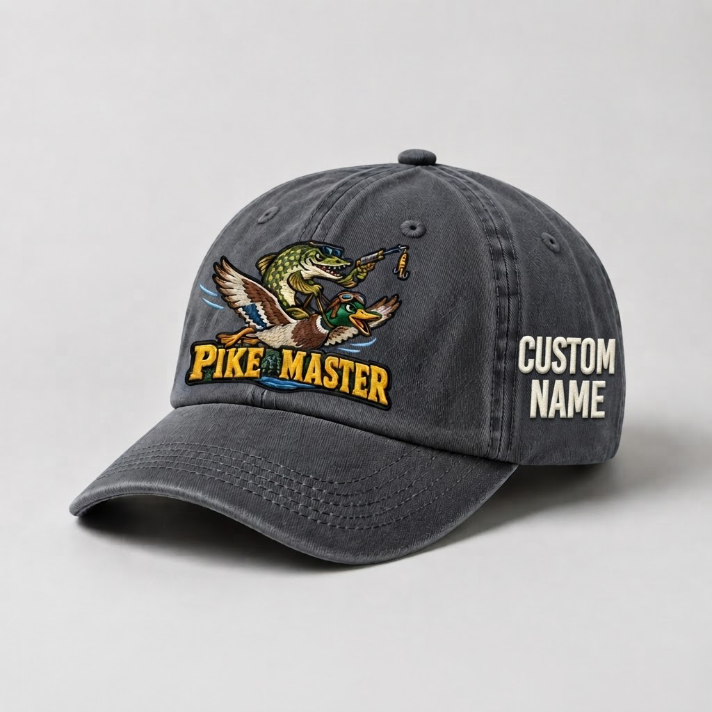 Pike Hat, Custom Pike Master Embroidered Cap, Personalized Fisherman Gift, Vintage Washed Cotton Dad Hat, Fishing Merch