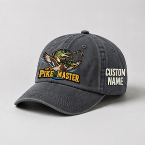 Pike Hat, Custom Pike Master Embroidered Cap, Personalized Fisherman Gift, Vintage Washed Cotton Dad Hat, Fishing Merch - 1