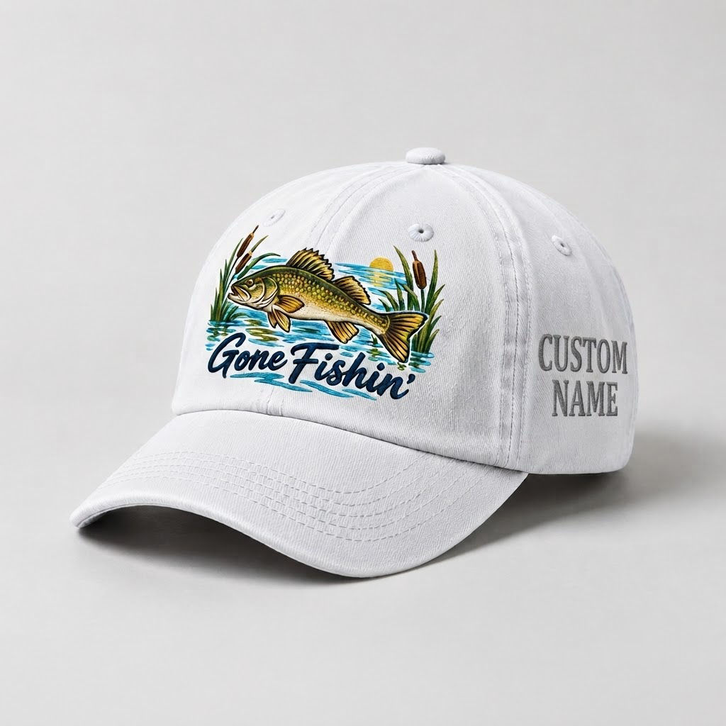 Personalized Walleye Hat, Custom Name Gone Fishin Fishing Cap, Vintage Fisherman Gift, Embroidered Outdoor Dad Hat