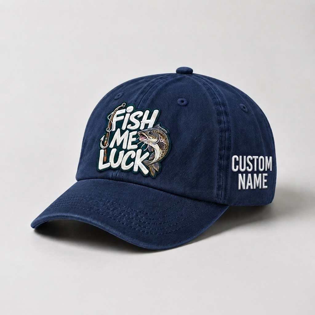 Custom Catfish Fish Me Luck Hat, Embroidered Fishing Cap, Personalized Fisherman Gift, Vintage Dad Hat, Outdoor Sport Hat, Fishing Lover