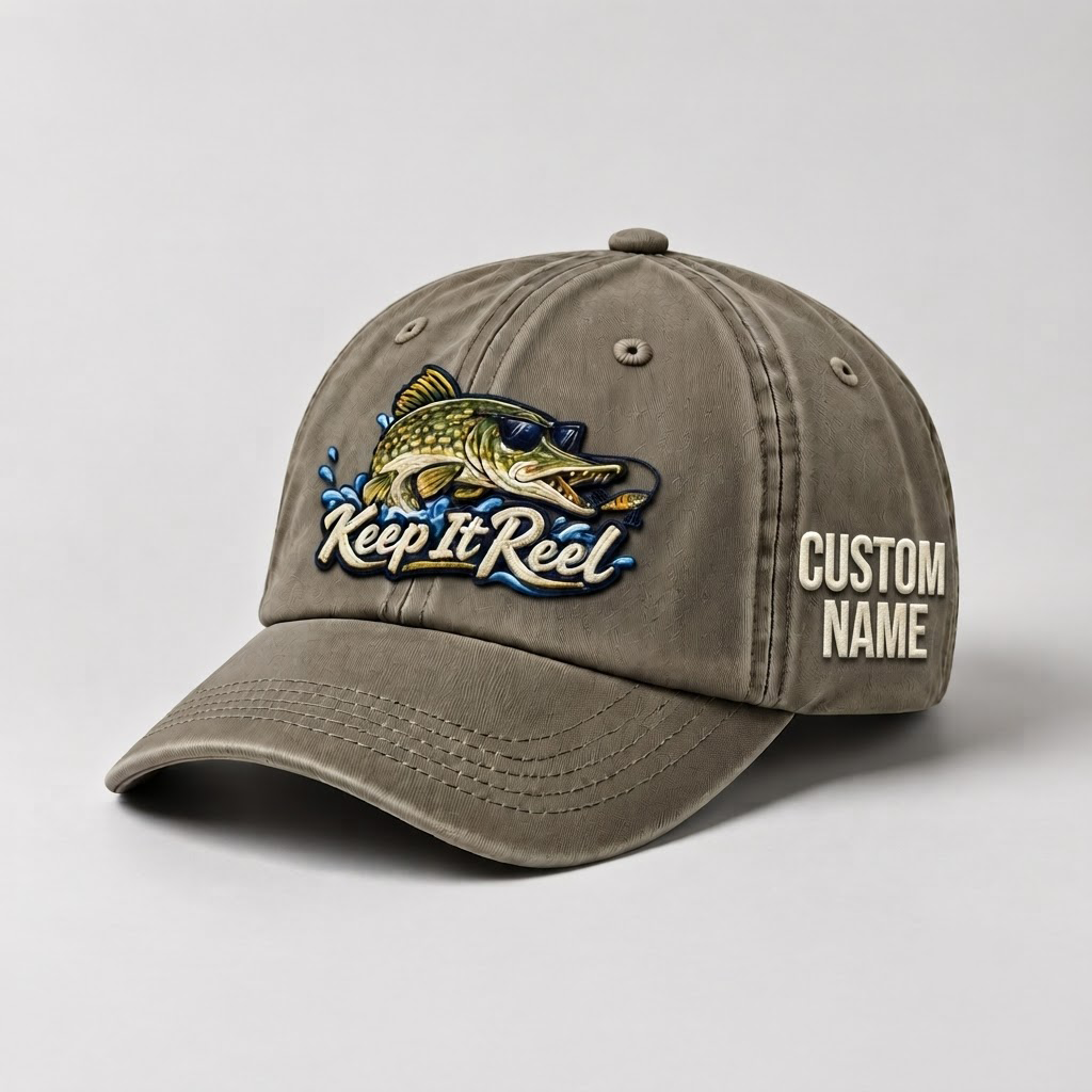 Pike Hat, Custom Keep It Reel Embroidered Cap, Personalized Fisherman Gift, Vintage Washed Cotton Dad Hat, Fishing Merch