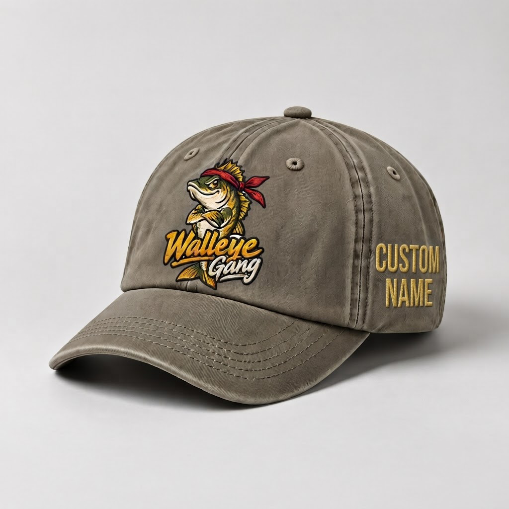 Custom Name Walleye Hat, Personalized Walleye Gang Fishing Cap, Vintage Fisherman Gift, Embroidered Outdoor Dad Hat