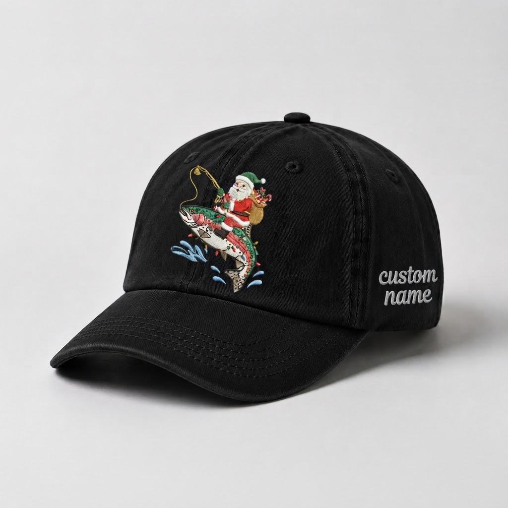 Santa Fishing Trout Embroidered Hat, Custom Name Christmas Baseball Cap, Vintage Fisherman Dad Hat, Outdoor Holiday Gift, Cute Winter Hat