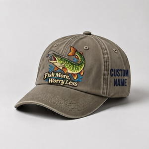 Pike Hat, Custom Fish More Worry Less Embroidered Cap, Personalized Fisherman Gift, Vintage Washed Cotton Dad Hat, Fishing Merch - 6