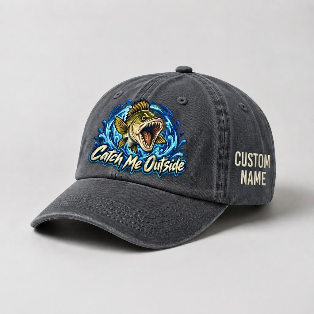 Custom Name Walleye Hat, Personalized Catch Me Outside Fishing Cap, Vintage Fisherman Gift, Embroidered Outdoor Dad Hat