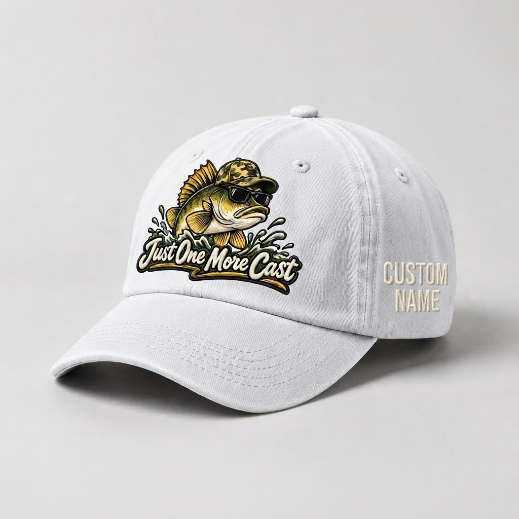 Custom Name Walleye Hat, Personalized Just One More Cast Fishing Cap, Vintage Fisherman Gift, Embroidered Outdoor Dad Hat