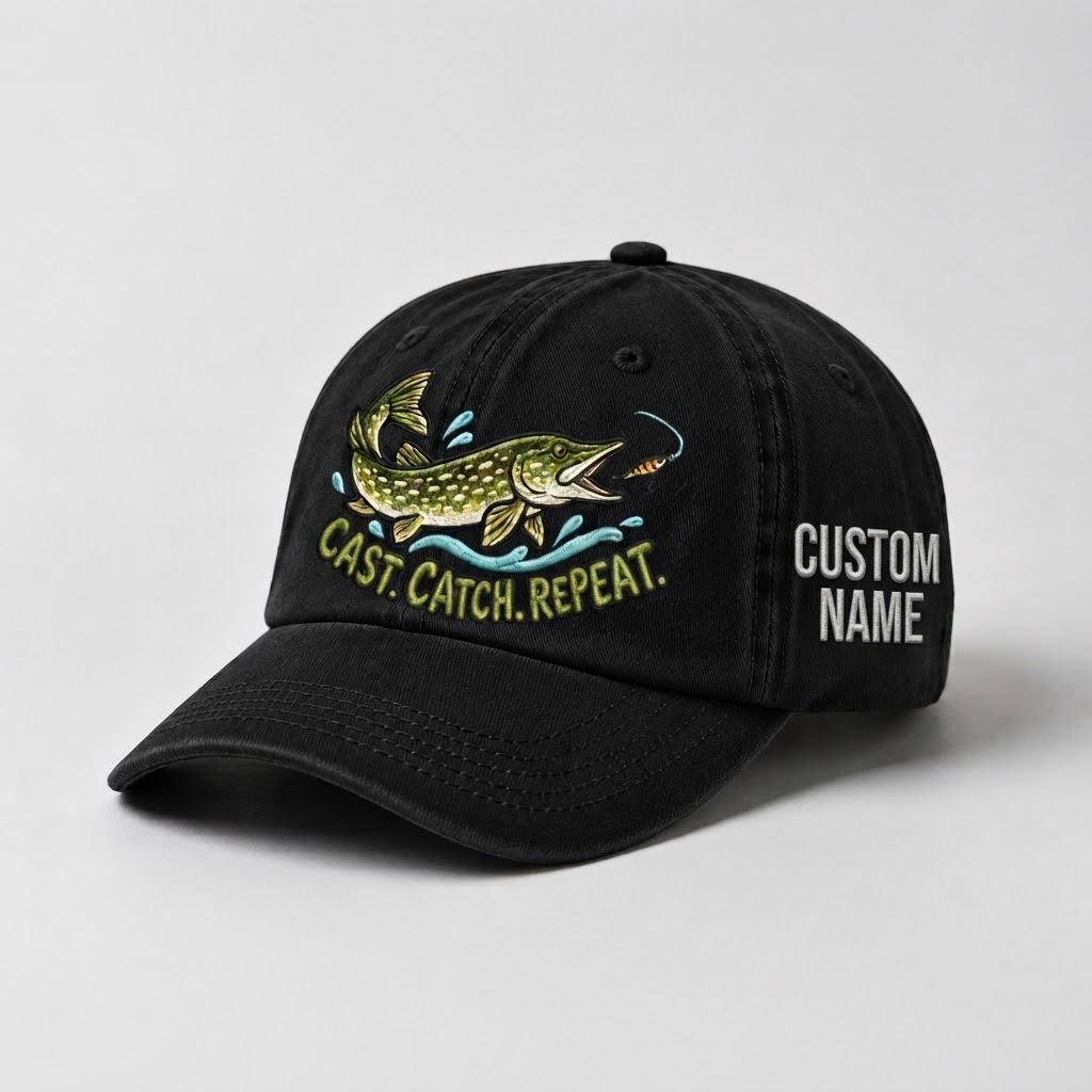 Pike Hat, Custom Cast Catch Repeat Embroidered Cap, Personalized Fisherman Gift, Vintage Washed Cotton Dad Hat, Fishing Merch