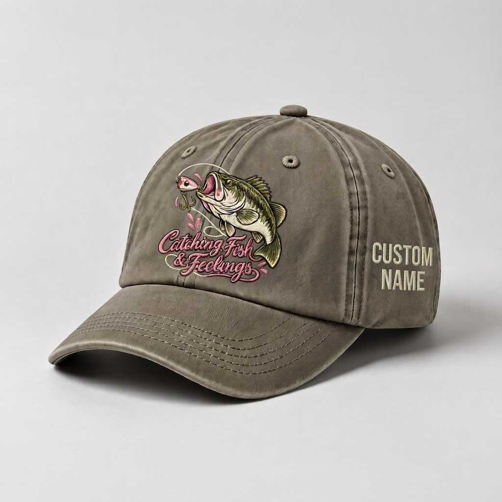 Catching Fish & Feelings Custom Name Hat, Largemouth Bass Embroidered Cap, Cute Fishing Gifts for Women, Outdoors Fisherwoman Hat