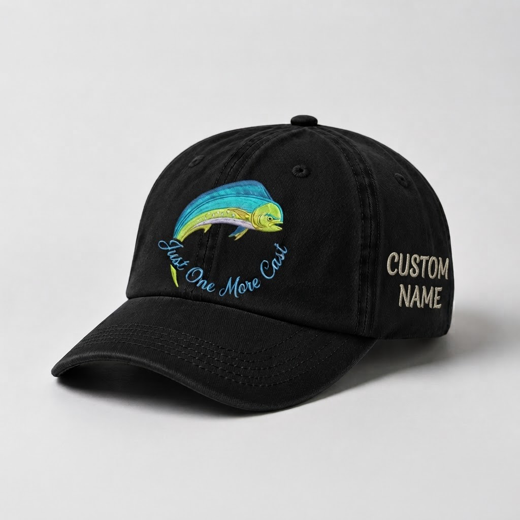 Just One More Cast Hat, Custom Fishing Hat for Women, Personalized Mahi Mahi Fish Embroidery Cap, Gift for Her
