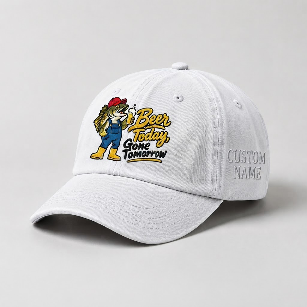 Custom Name Walleye Hat, Personalized Beer Today Gone Tomorrow Fishing Cap, Vintage Fisherman Gift, Embroidered Outdoor Dad Hat