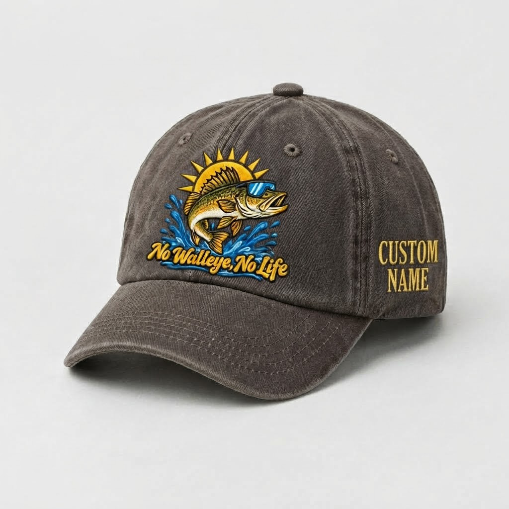 Custom Name Walleye Hat, Personalized No Walleye No Life Fishing Cap, Vintage Fisherman Gift, Embroidered Outdoor Dad Hat