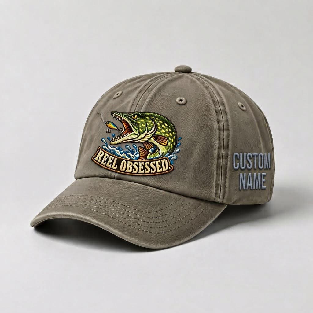 Pike Hat, Custom Reel Obsessed Embroidered Cap, Personalized Fisherman Gift, Vintage Washed Cotton Dad Hat, Fishing Merch