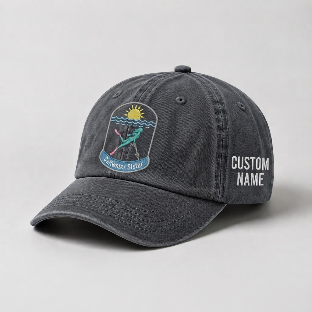 Spearfishing Hats For Women, Custom Saltwater Sister Hat, Personalized Diving Gift, Embroidered Ocean Cap, Scuba Diver Merch