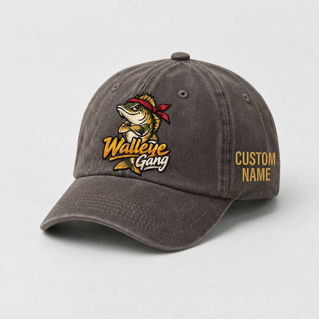 Custom Name Walleye Hat, Personalized Walleye Gang Fishing Cap, Vintage Fisherman Gift, Embroidered Outdoor Dad Hat