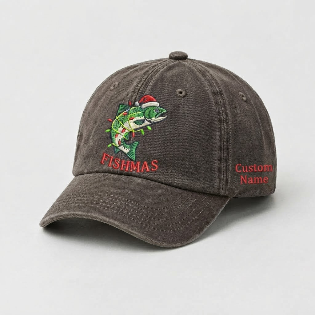 Merry Fishmas Embroidered Hat, Custom Name Christmas Trout Fishing Cap, Vintage Fisherman Dad Hat, Holiday Outdoor Gift, Cute Angler Cap