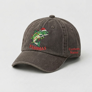 Merry Fishmas Embroidered Hat, Custom Name Christmas Trout Fishing Cap, Vintage Fisherman Dad Hat, Holiday Outdoor Gift, Cute Angler Cap - 5