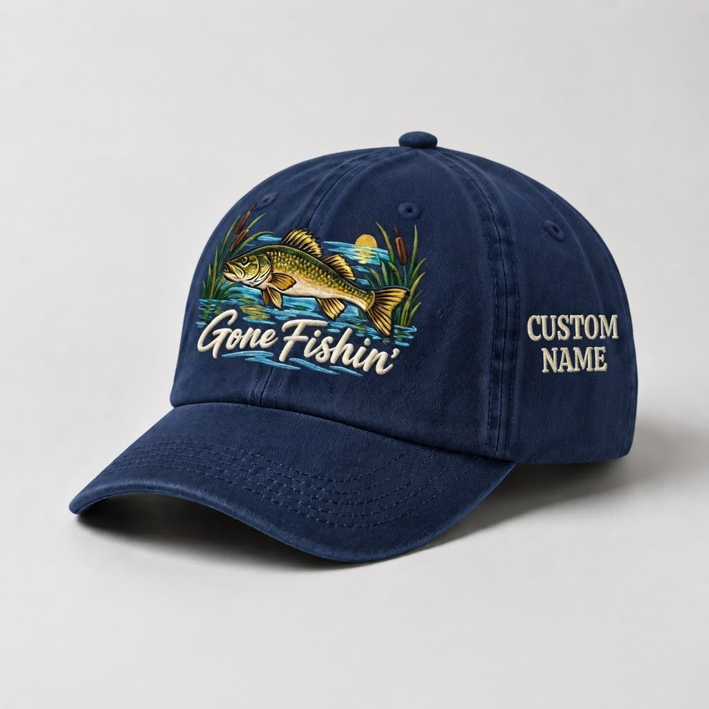 Personalized Walleye Hat, Custom Name Gone Fishin Fishing Cap, Vintage Fisherman Gift, Embroidered Outdoor Dad Hat