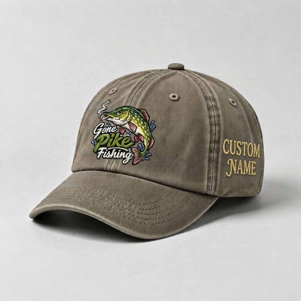 Pike Hat, Custom Gone Pike Fishing Embroidered Cap, Personalized Fisherman Gift, Vintage Washed Cotton Dad Hat, Fishing Merch