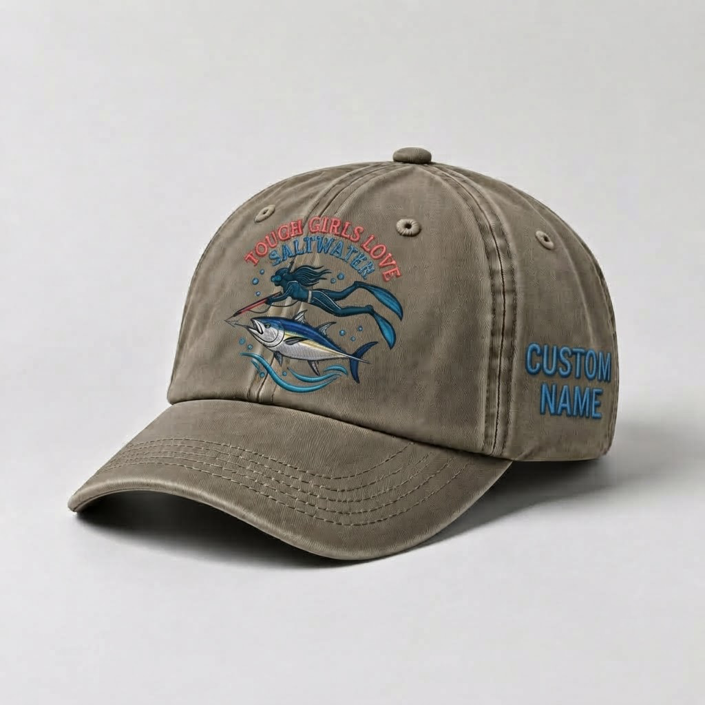 Spearfishing Hats For Women, Tough Girls Love Saltwater Custom Embroidered Baseball Cap, Personalized Vintage Washed Hat, Scuba Diving