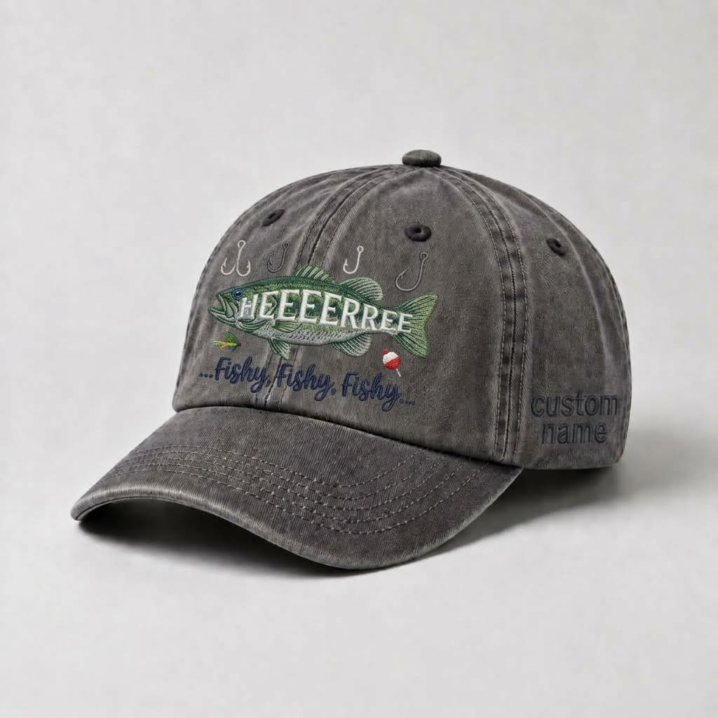 Hat Embroidered Bass Cap Here Fishy Fishy Fishy Personalized Fisherman Gift For Him Dad Fishing Hat