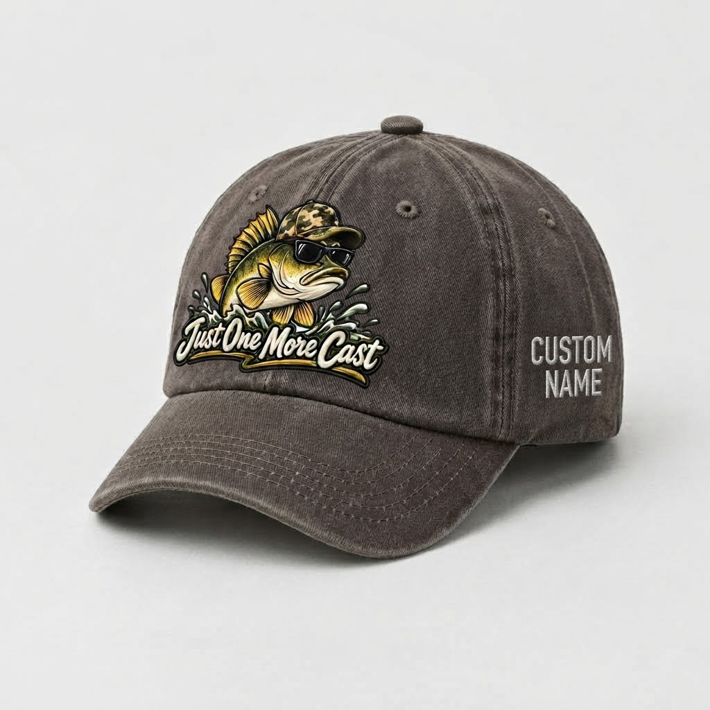 Custom Name Walleye Hat, Personalized Just One More Cast Fishing Cap, Vintage Fisherman Gift, Embroidered Outdoor Dad Hat