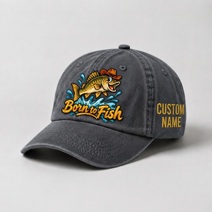 Custom Name Walleye Hat, Personalized Born to Fish Fishing Cap, Vintage Fisherman Gift, Embroidered Outdoor Dad Hat - 1