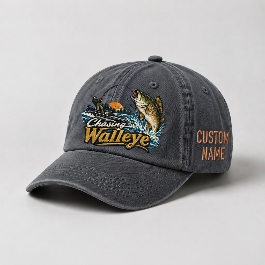 Custom Walleye Hat, Personalized Chasing Walleye Fishing Cap, Vintage Angler Gift, Fisherman Dad Hat, Outdoor Sports Embroidered Hat